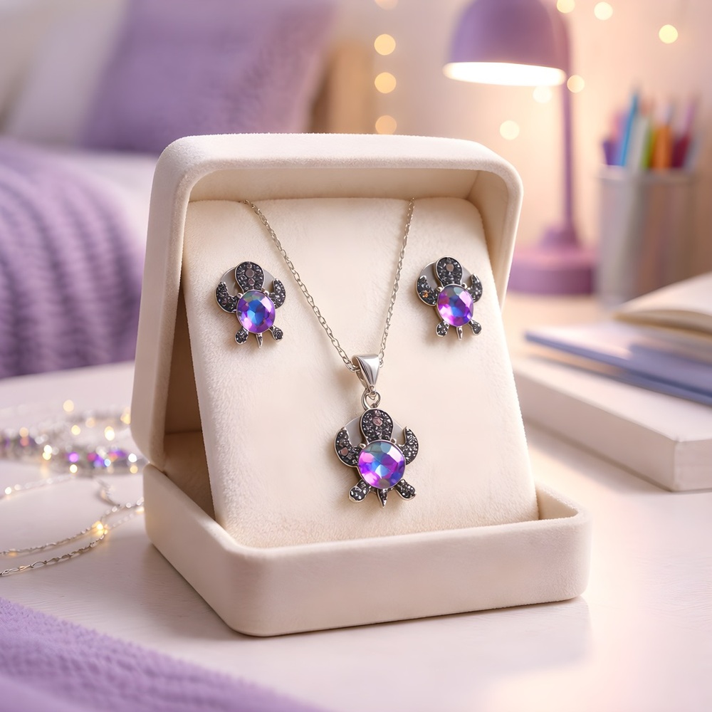*NEW* Pink/Purple Cubic Zirconia Turtle Necklace and Earring Set